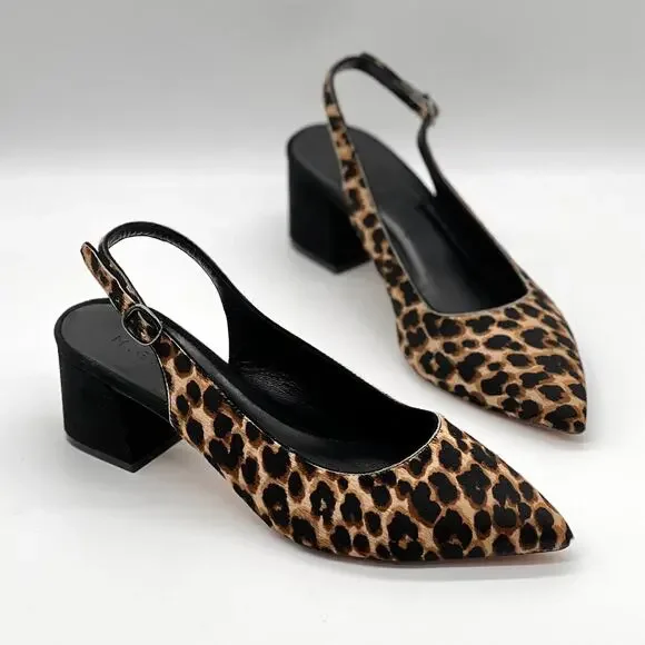 M GEMI Slingback Pump Womens 10.5 Leopard Print Calfhair Pointy Block Heel Suede - Picture 1 of 10